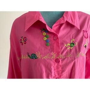 Breckenridge Pink Embroidered Button Up Shirt XL Frog Butterfly Snail Kidcore